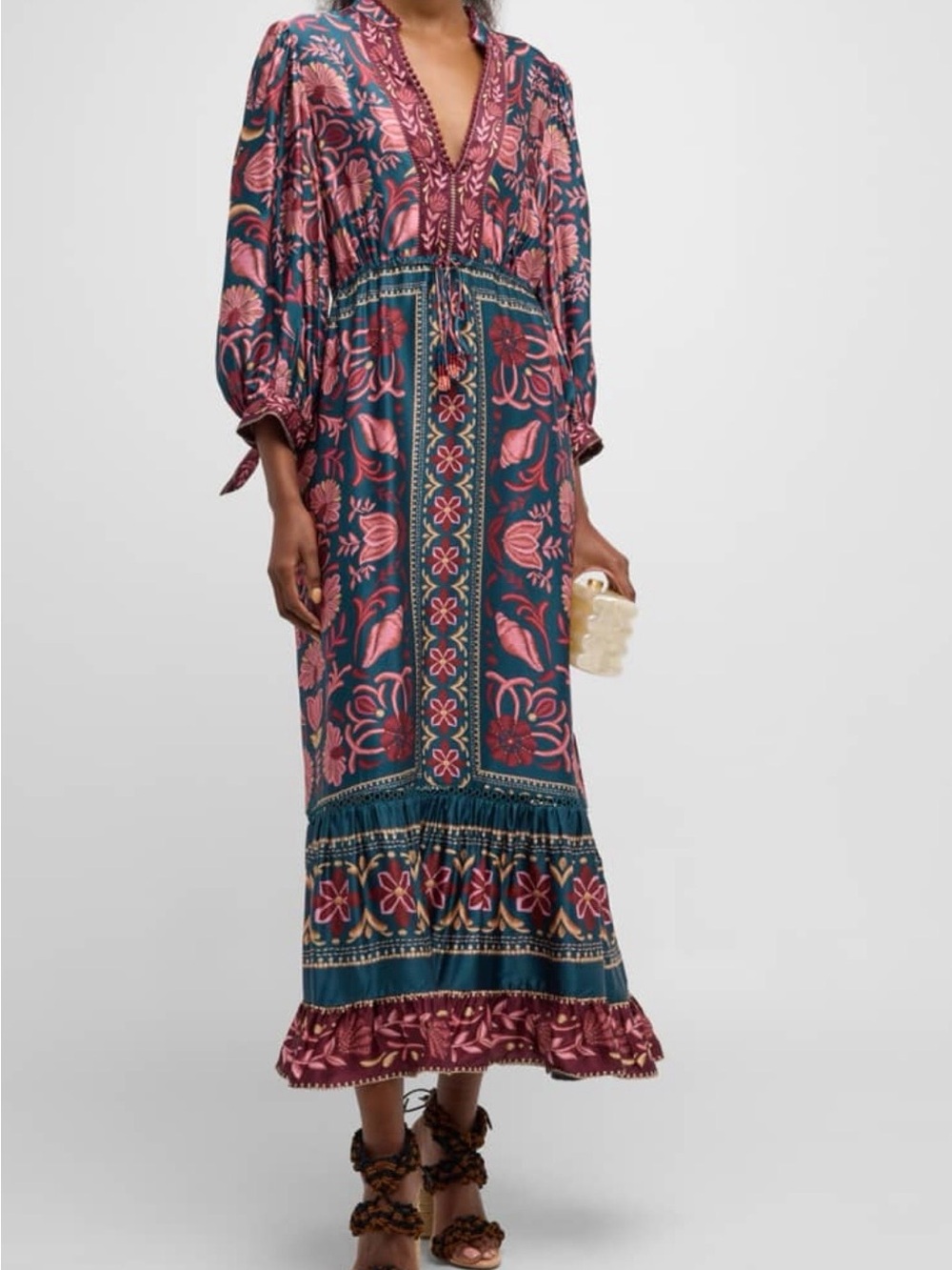 NWT FARM Rio Tapestry Teal and Pink Floral Tiered Seasheel lenzing Maxi Dress XS